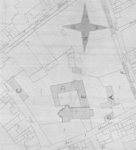 F47 Fragment van de kadastrale kaart der binnenstad van Roermond voorstellende de ligging der gebouwen der Munsterabdij